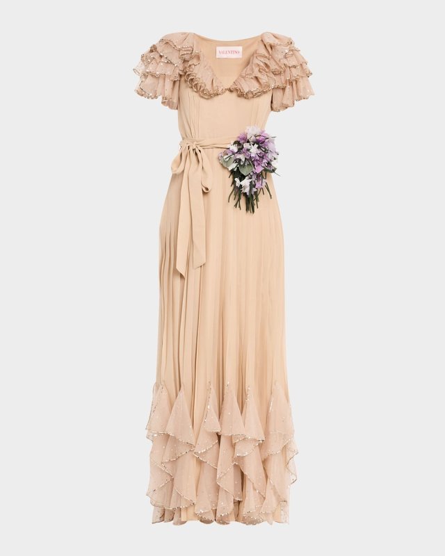 Ruffle V-Neck Belted Silk Gown